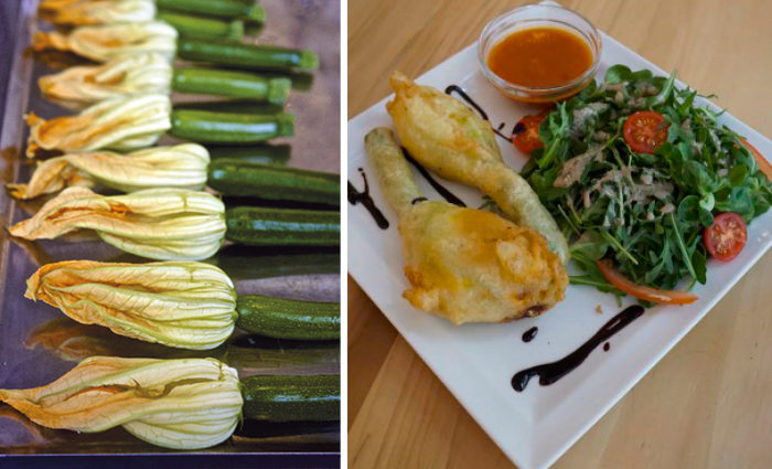 Gefüllte und frittierte Zucchiniblüten - vegetarischer Apertizer Gefüllte und frittierte Zucchiniblüten - vegetarischer Apertizer